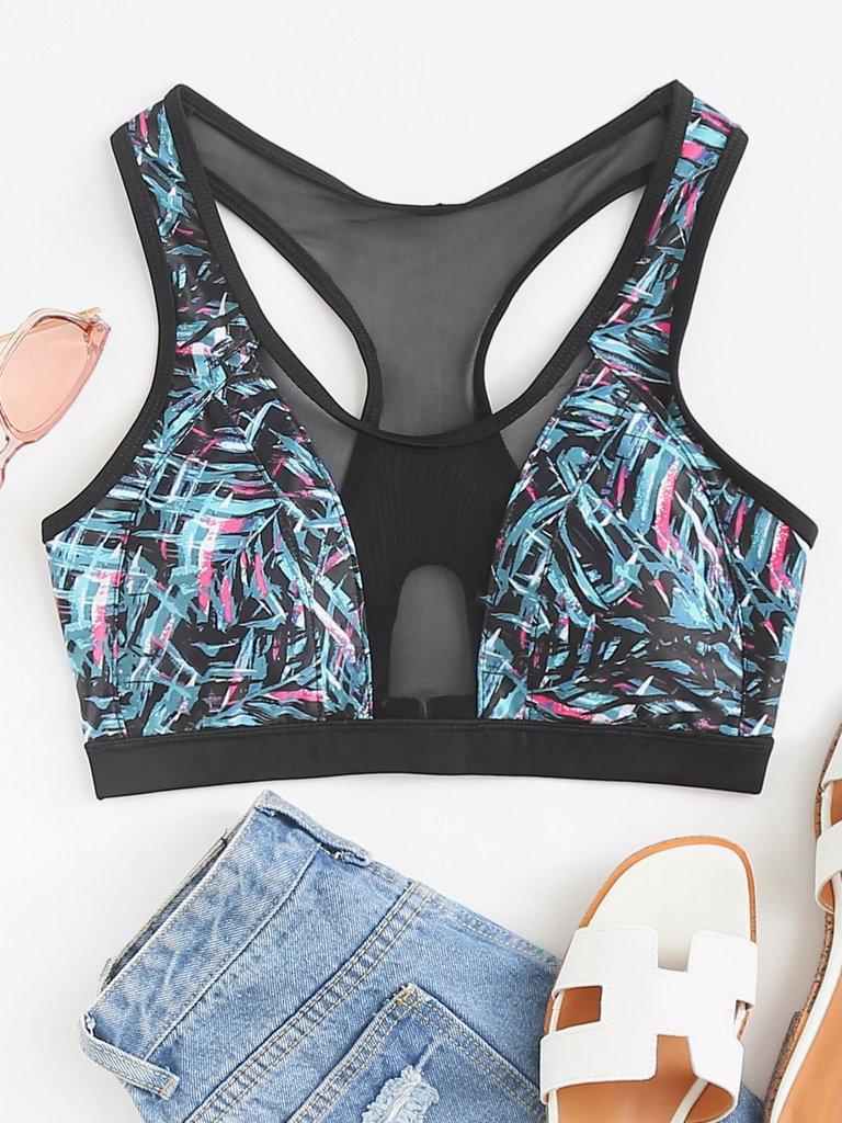 Mesh Insert Jungle Print Sports Bra-sportswear-Des Mess