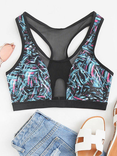 Mesh Insert Jungle Print Sports Bra-sportswear-Des Mess