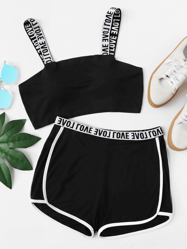 Two Tone Lettering Sports Bra & Shorts Set-sportswear-Des Mess