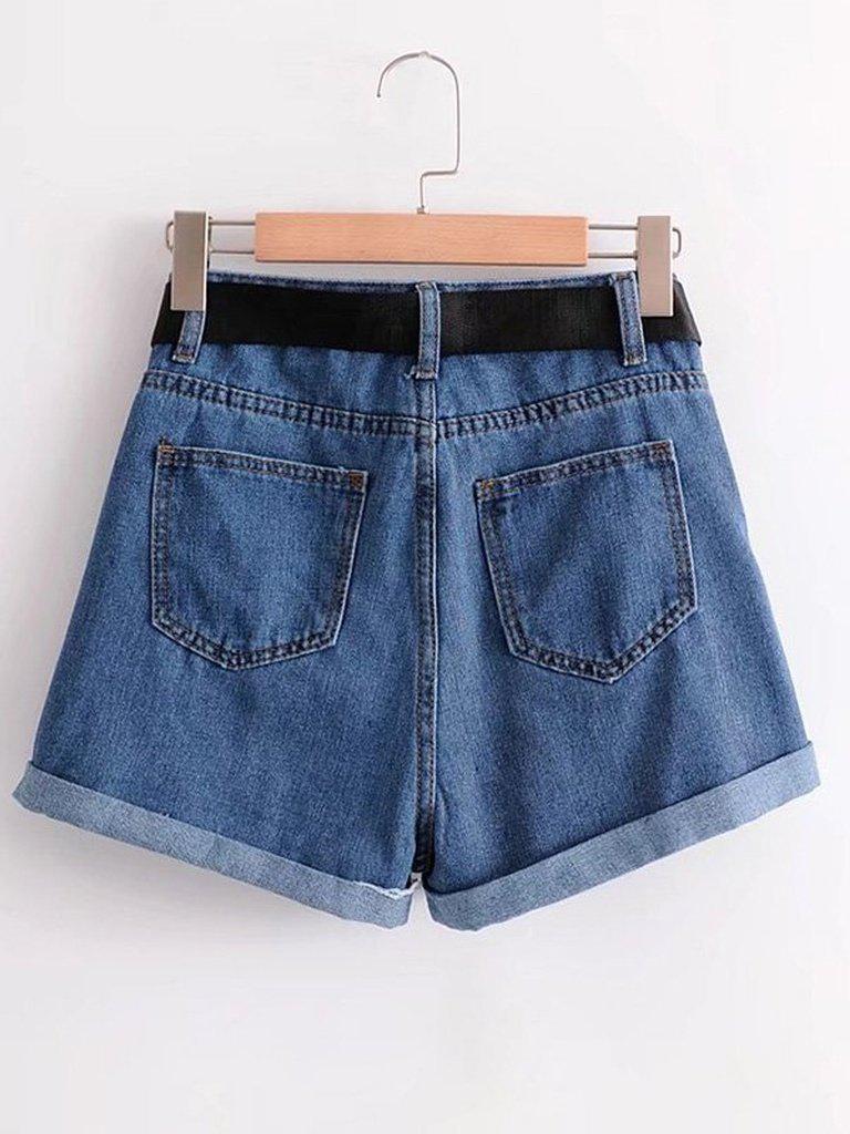 Belted Rolled Hem Denim Shorts-bottom-Des Mess