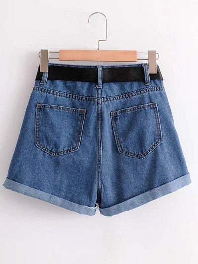 Belted Rolled Hem Denim Shorts-bottom-Des Mess