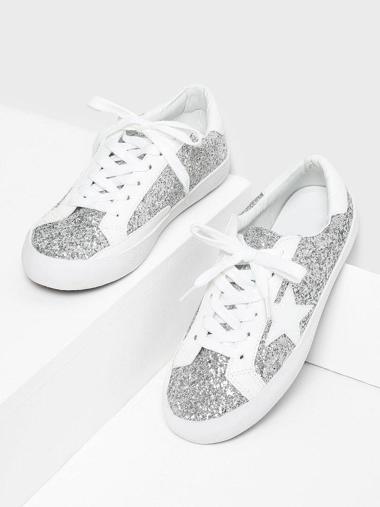 Star Patch Glitter Lace Up Sneakers-shoes-Des Mess