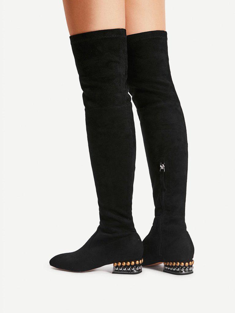 Square Toe Side Zipper Thigh High Boots-shoes-Des Mess