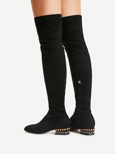 Square Toe Side Zipper Thigh High Boots-shoes-Des Mess