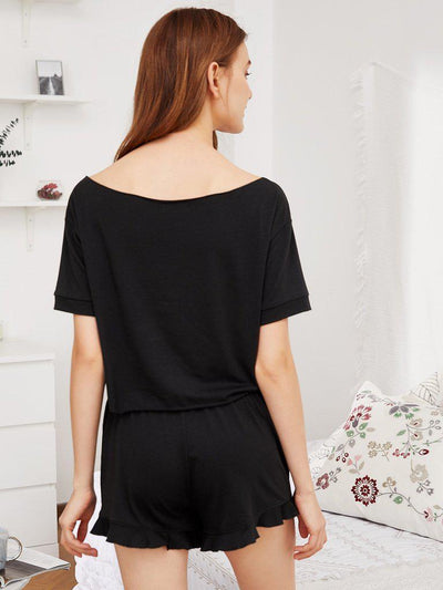High Low Top And Frill Hem Shorts Pajama Set-loungewear-Des Mess