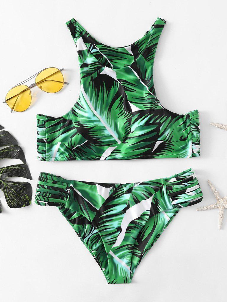 Leaf Print Ladder Cutout Racer Back Tankini-swimwear-Des Mess