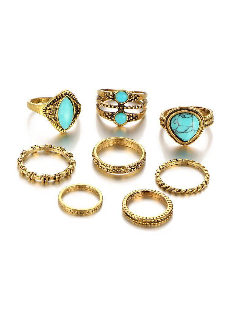 Turquoise Design Ring Set 8pcs-jewelry-Des Mess
