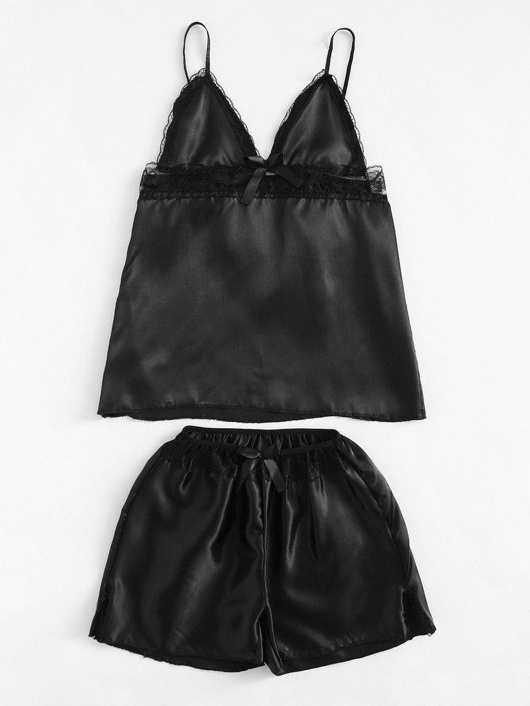 Lace Trim Bow Detail Satin Pajama Set-loungewear-Des Mess