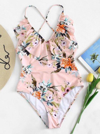 Flounce Neckline Botanical Swimsuit-swimwear-Des Mess