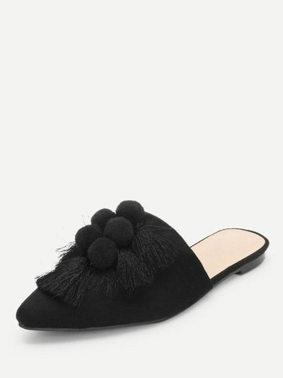 Pom Pom & Tassel Front Flat Mules-shoes-Des Mess