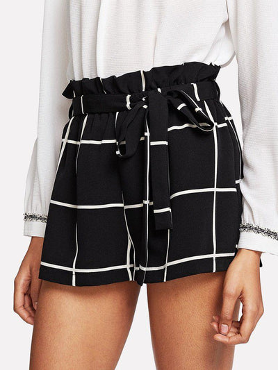 Ruffle Waist Self Belt Grid Shorts-bottom-Des Mess