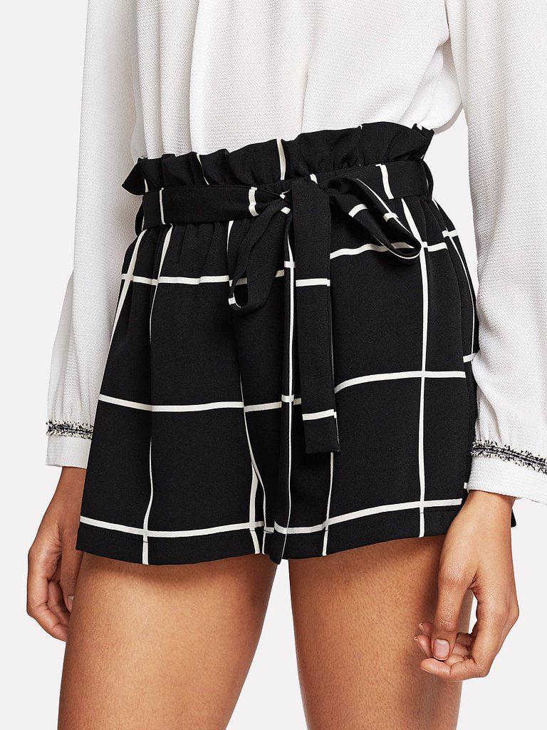 Ruffle Waist Self Belt Grid Shorts-bottom-Des Mess