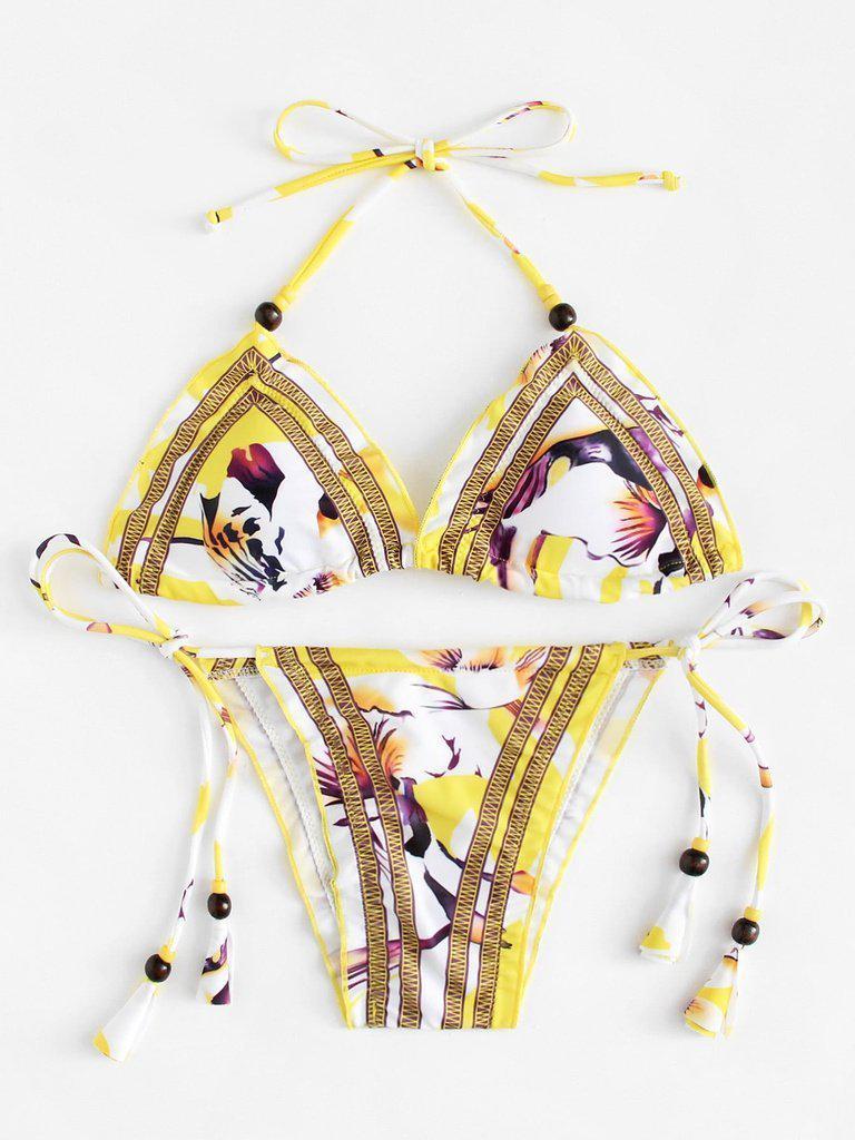 Self Tie Flower Print Bikini Set-swimwear-Des Mess