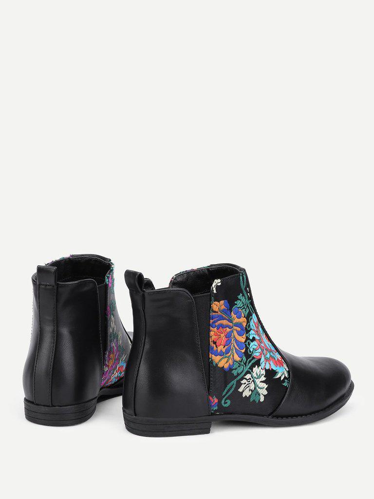 Flower Embroidery PU Flat Boots-shoes-Des Mess
