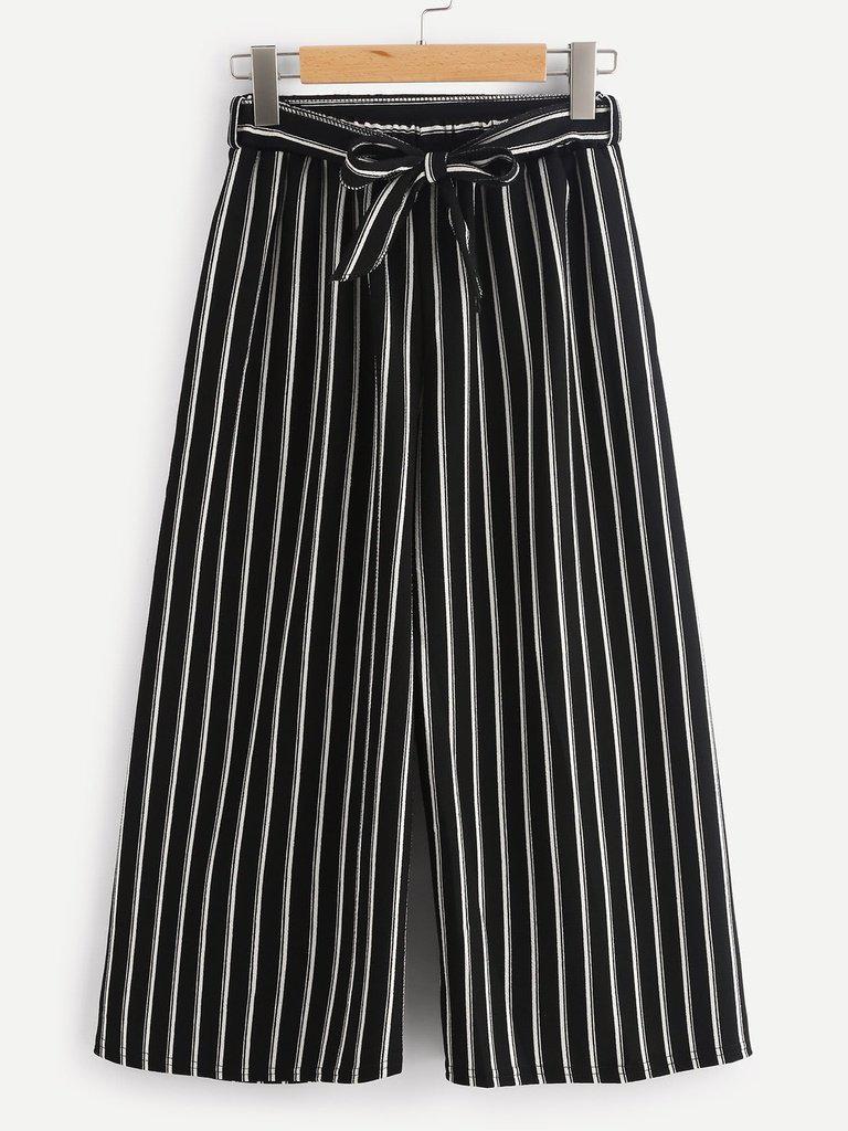 Vertical Stripe Self Tie Wide Leg Pants-bottom-Des Mess