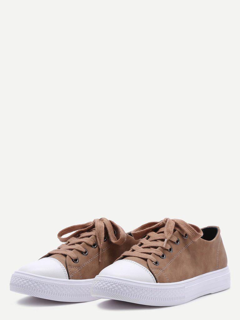 Khaki Lace Up PU Low Top Sneakers-shoes-Des Mess