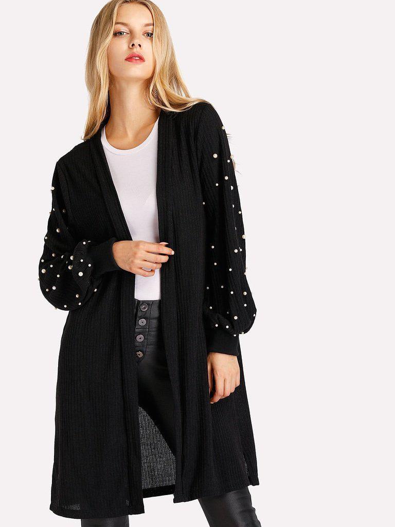 Pearl Beading Balloon Sleeve Cardigan-outerwear-Des Mess