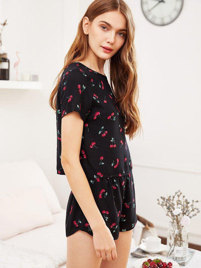 Cherry Print Top And Shorts Pajama Set-loungewear-Des Mess