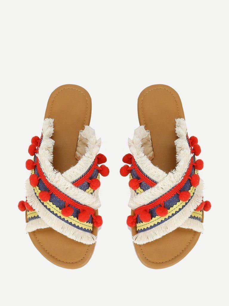 Criss Cross Flat Sandals With Pom Pom-shoes-Des Mess
