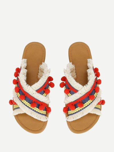 Criss Cross Flat Sandals With Pom Pom-shoes-Des Mess