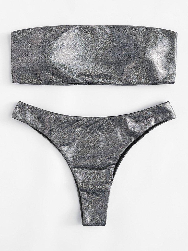Metallic Bandeau Bikini Set-swimwear-Des Mess