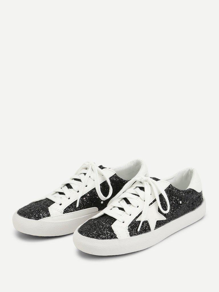 Star Patch Glitter Lace Up Sneakers-shoes-Des Mess