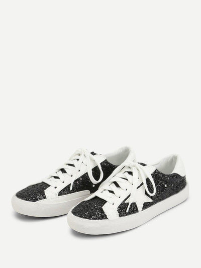Star Patch Glitter Lace Up Sneakers-shoes-Des Mess