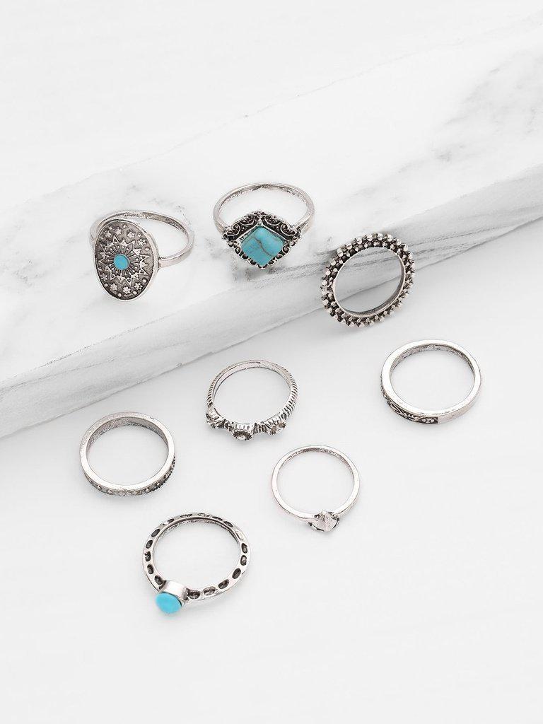 Turquoise Detail Multi Shaped Ring Set 8pcs-jewelry-Des Mess