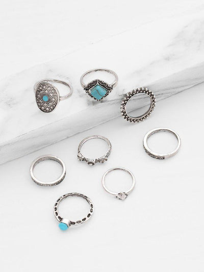 Turquoise Detail Multi Shaped Ring Set 8pcs-jewelry-Des Mess