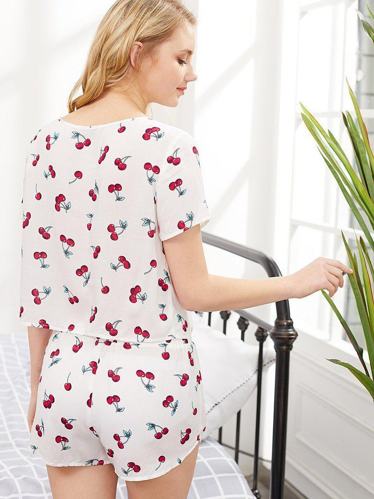 Cherry Print Top And Shorts Pajama Set-loungewear-Des Mess