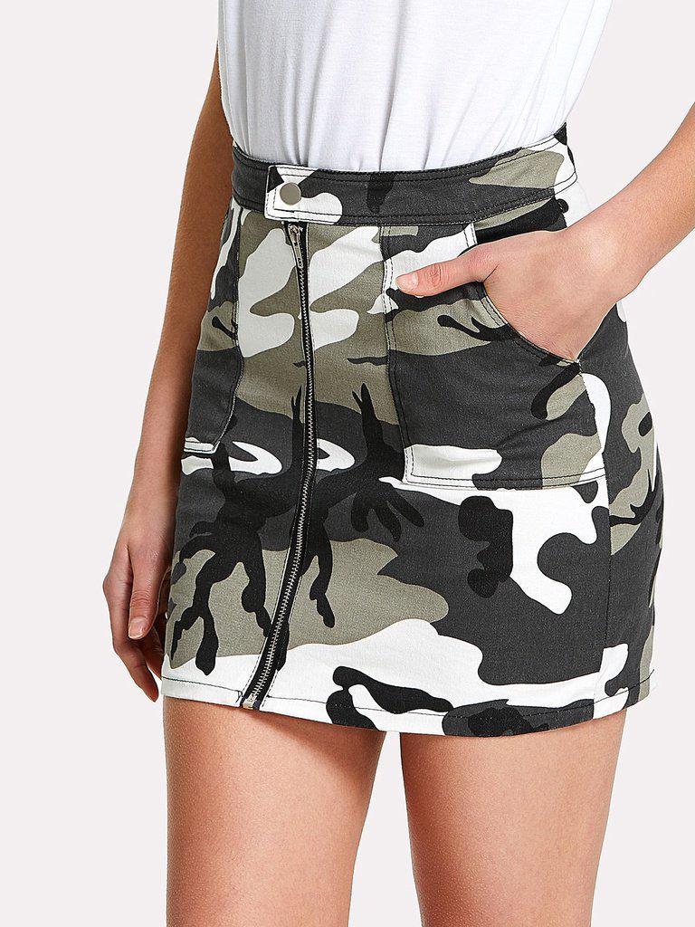 Zip Front Dual Pocket Camo Skirt-bottom-Des Mess