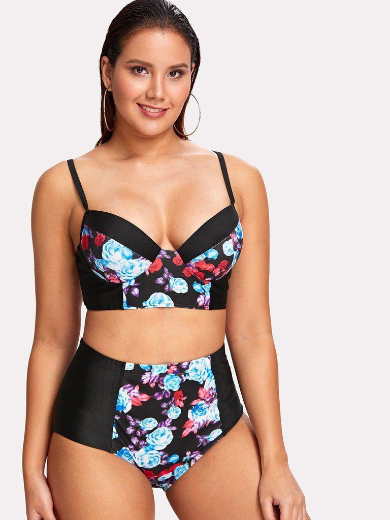 Flower Print High Waist Bikini Set