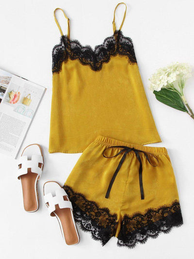 Lace Trim Satin Cami And Shorts Pajama Set-loungewear-Des Mess