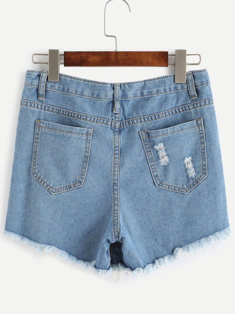 Ripped Frayed Hem Denim Shorts-bottom-Des Mess