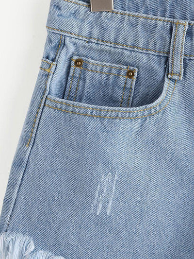 Distress Fray Hem Single Breasted Denim Shorts-bottom-Des Mess