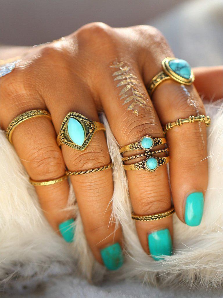 Turquoise Design Ring Set 8pcs-jewelry-Des Mess