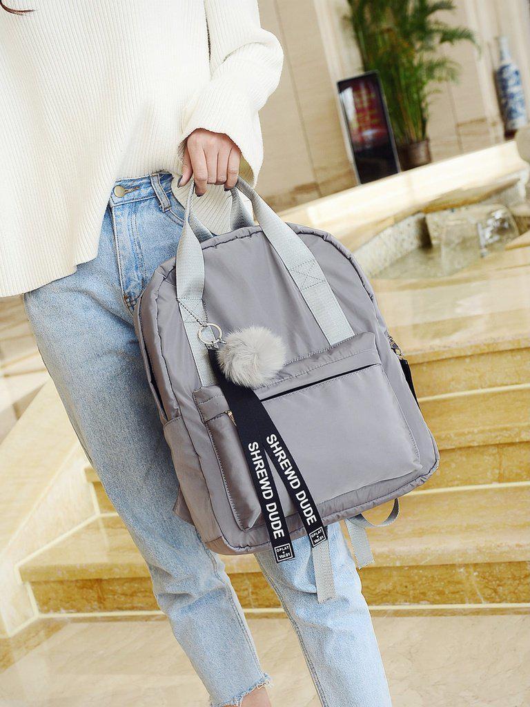 Slogan Ribbon & Pom Pom Decor Backpack-accessories-Des Mess