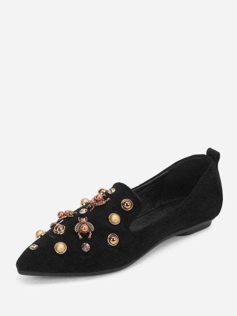 Faux Pearl Decorated Pointed Toe Flats-shoes-Des Mess
