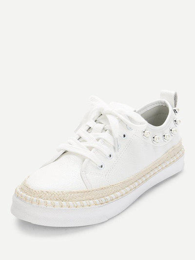 Faux Pearl Detail Lace Up Sneakers-shoes-Des Mess