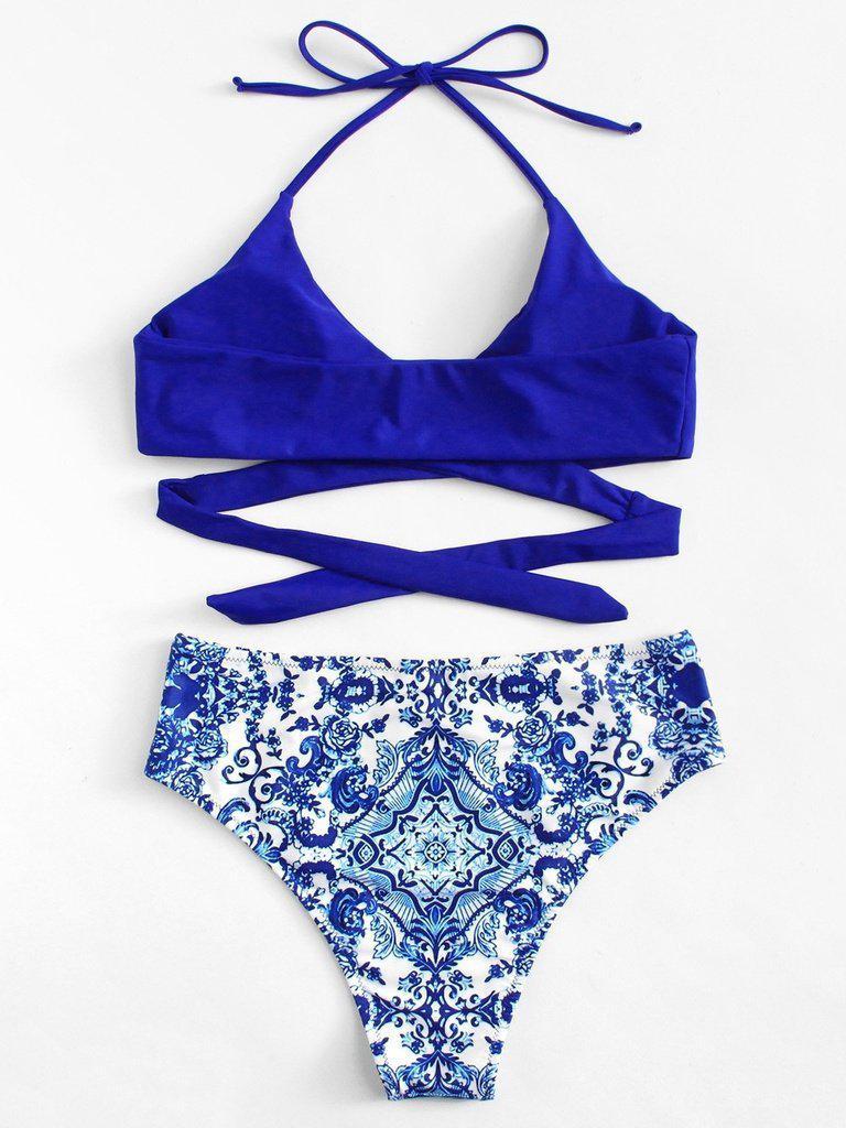 Ornate Print Crisscross Halter Bikini Set--Des Mess