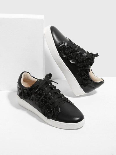 Floral Appliqued Lace Up Sneakers-shoes-Des Mess