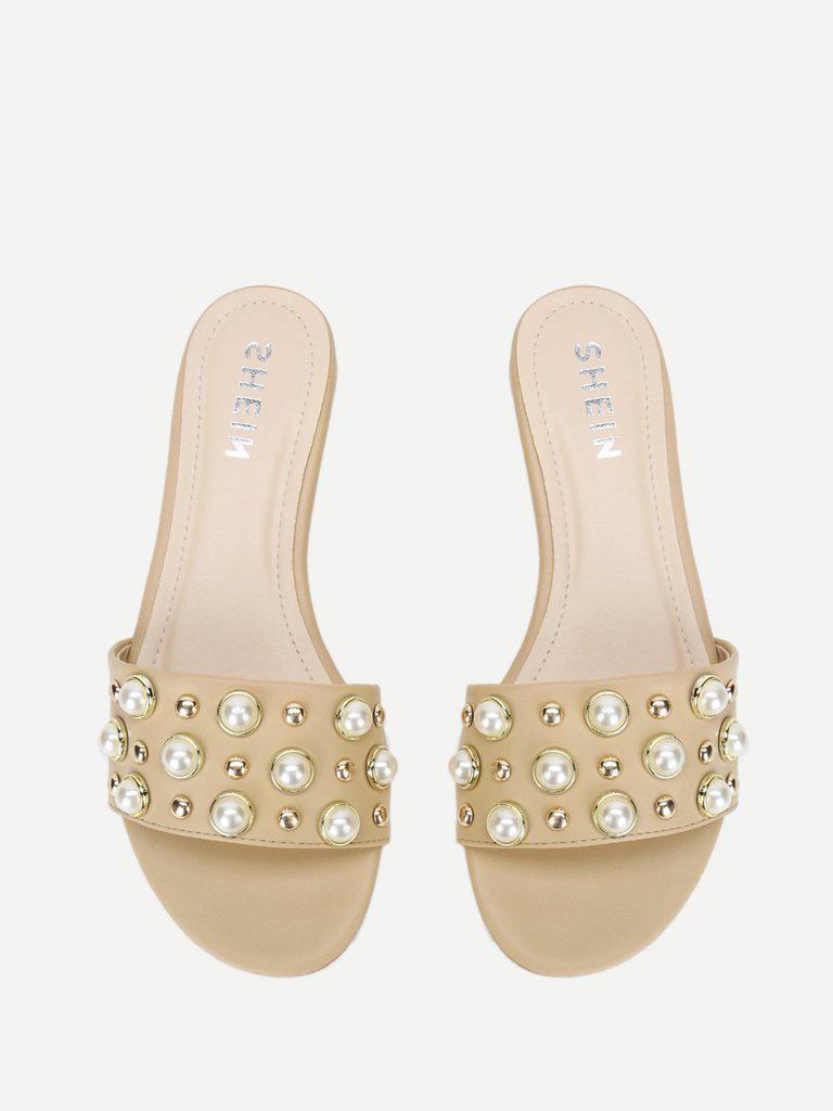 Faux Pearl & Studded Flat Slides-shoes-Des Mess