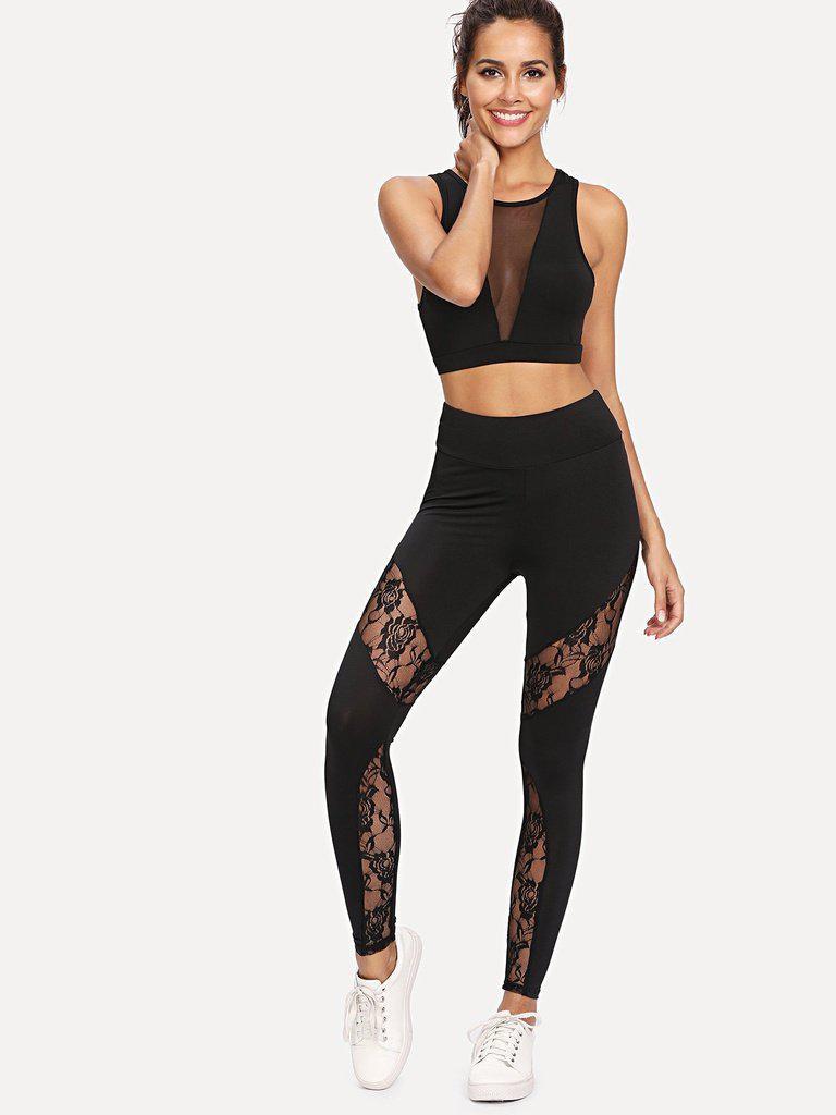 Lace Insert Zip Detail Leggings-bottom-Des Mess