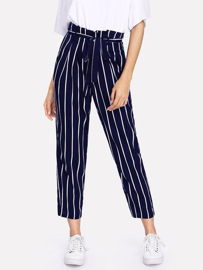 Frill Trim Waist Striped Tapered Pants-bottom-Des Mess