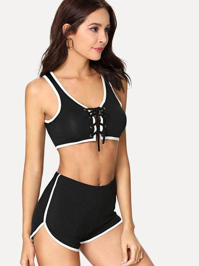 Contrast Binding Lace Up Sport Bra & Dolphin Hem Shorts Set-sportswear-Des Mess