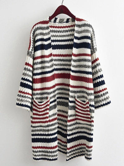Striped Textured Knit Longline Cardigan Sweater-outerwear-Des Mess
