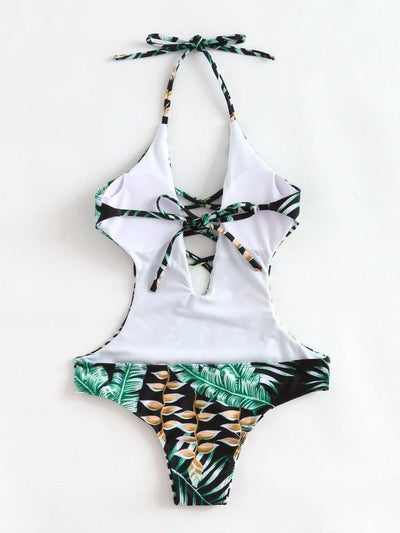 Tropical Print Plunge Neckline Monokini-swimwear-Des Mess