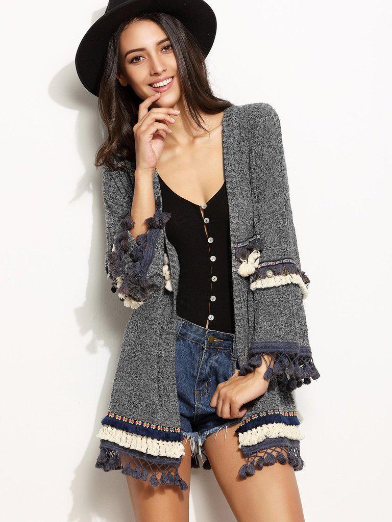 Grey Marled Knit Cardigan With Embroidered Tape And Fringe Detail-outerwear-Des Mess