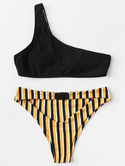 One Shoulder Striped Bikini Set--Des Mess