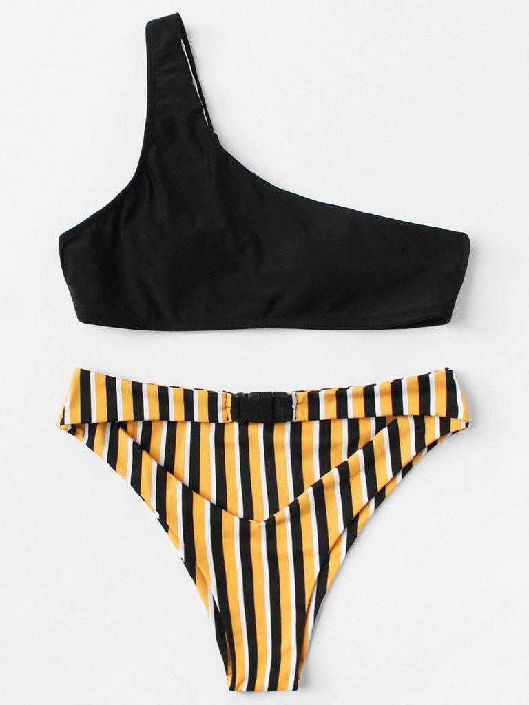 One Shoulder Striped Bikini Set--Des Mess